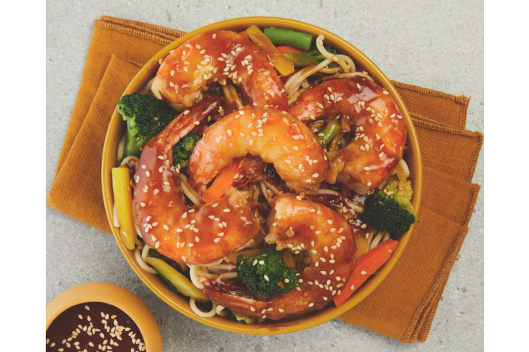 Sauté de crevettes aux légumes et à la sauce d’huître